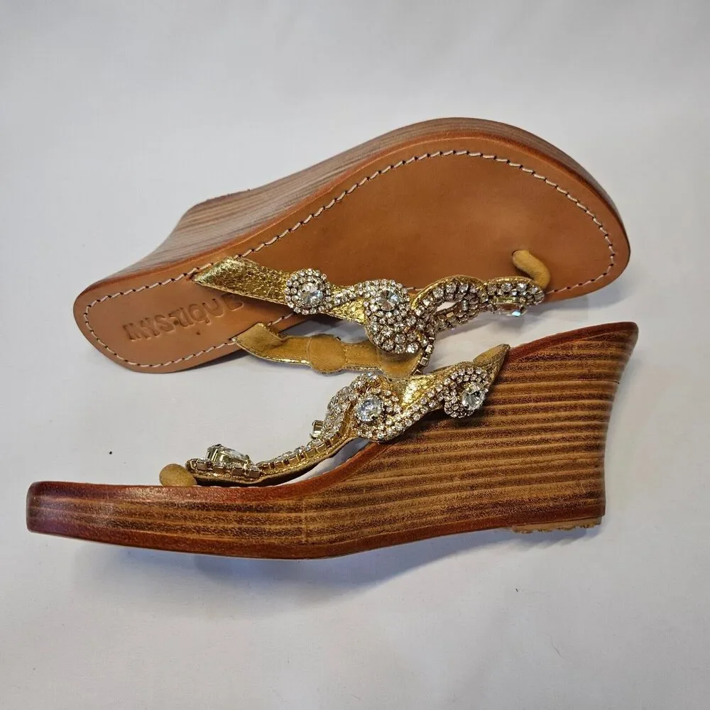 Mystique Womens Leather Crystal Sequin Jewel Wedge Thong Sandals 7 Embellished